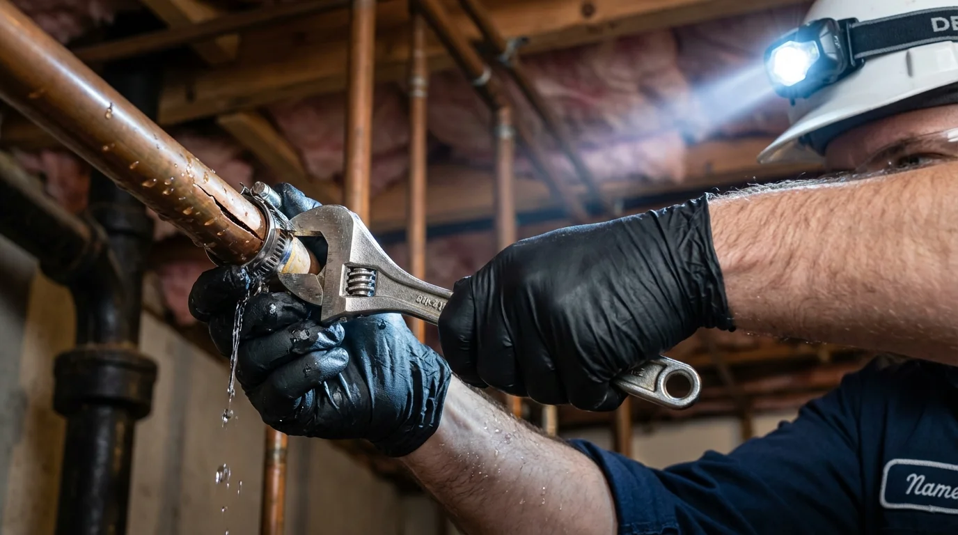 Emergency pipe clamp repair being performed by a Johns Plumbing LLC plumber in Cornelia