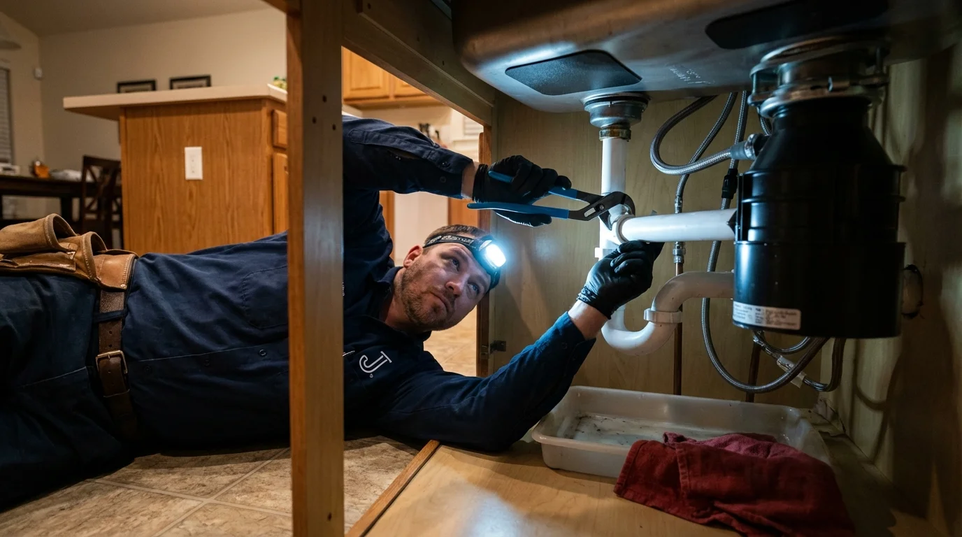 P-trap and supply line connections under a kitchen sink showing a common leak point in Cornelia, GA